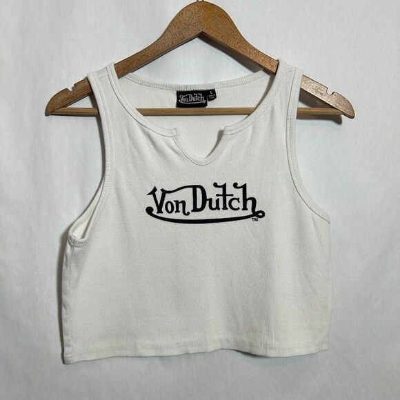 Von Dutch Womens L Ribbed Cropped Tank Top L White Shirt Beater Y2K - Picture 2 of 6